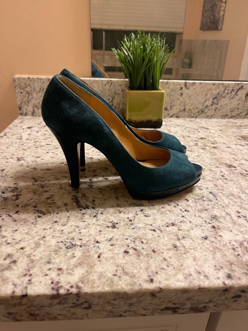 Nine West Teal Suede Peep-Toe Pumps - Picture 2 of 5